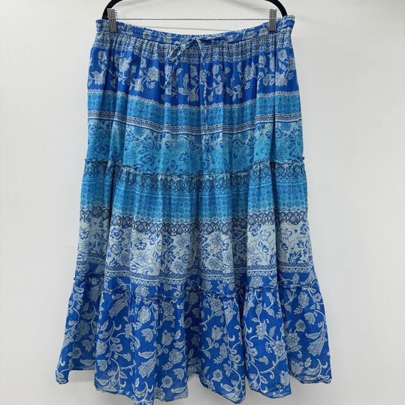 Jane Ashley Patchwork Gypsy Maxi Skirt Size 2X Blue Floral Tiered Boho Peasant - Picture 1 of 9